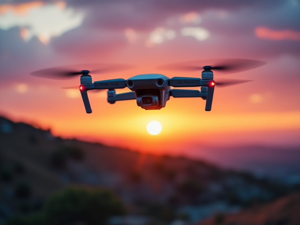 drone flying in front of sunset